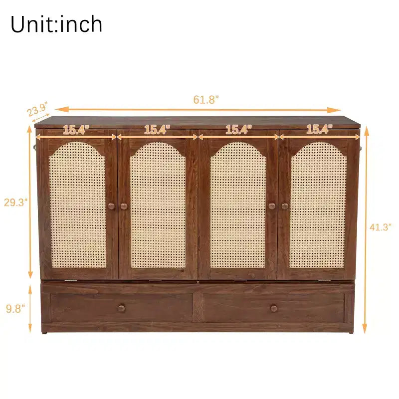 Letto a scomparsa matrimoniale in legno di pino con stazione di alimentazione e pannello decorativo in rattan, colore noce, per camera da letto
