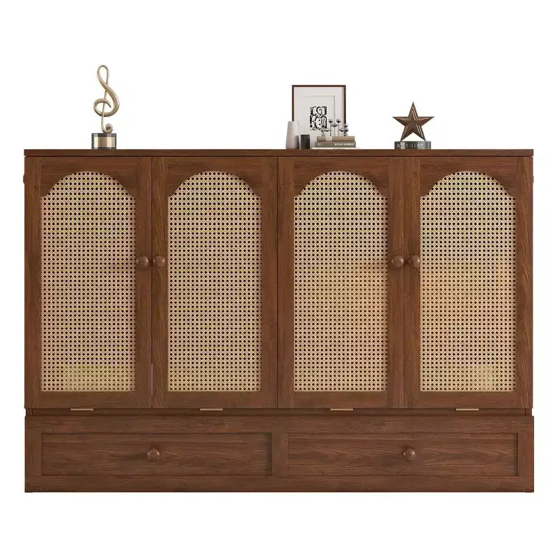 Letto a scomparsa matrimoniale in legno di pino con stazione di alimentazione e pannello decorativo in rattan, colore noce, per camera da letto