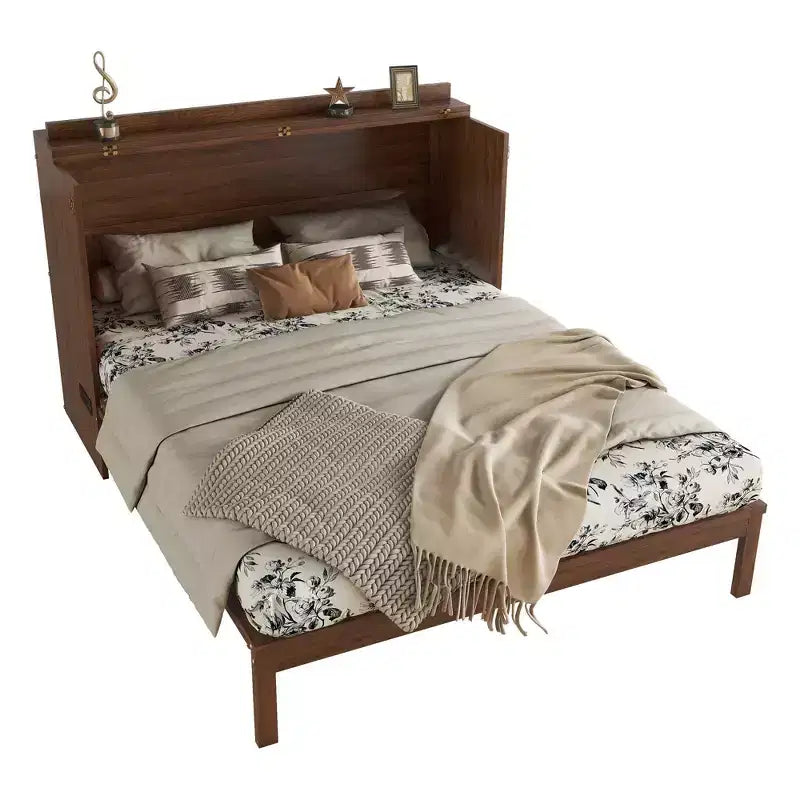 Letto a scomparsa matrimoniale in legno di pino con stazione di alimentazione e pannello decorativo in rattan, colore noce, per camera da letto