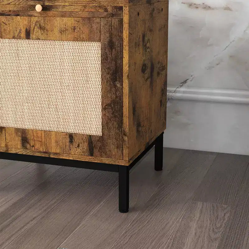 Comodino in Legno con Anta in Rattan, Struttura Robusta, Design Elegante, per Camera da Leto, Soggiorno