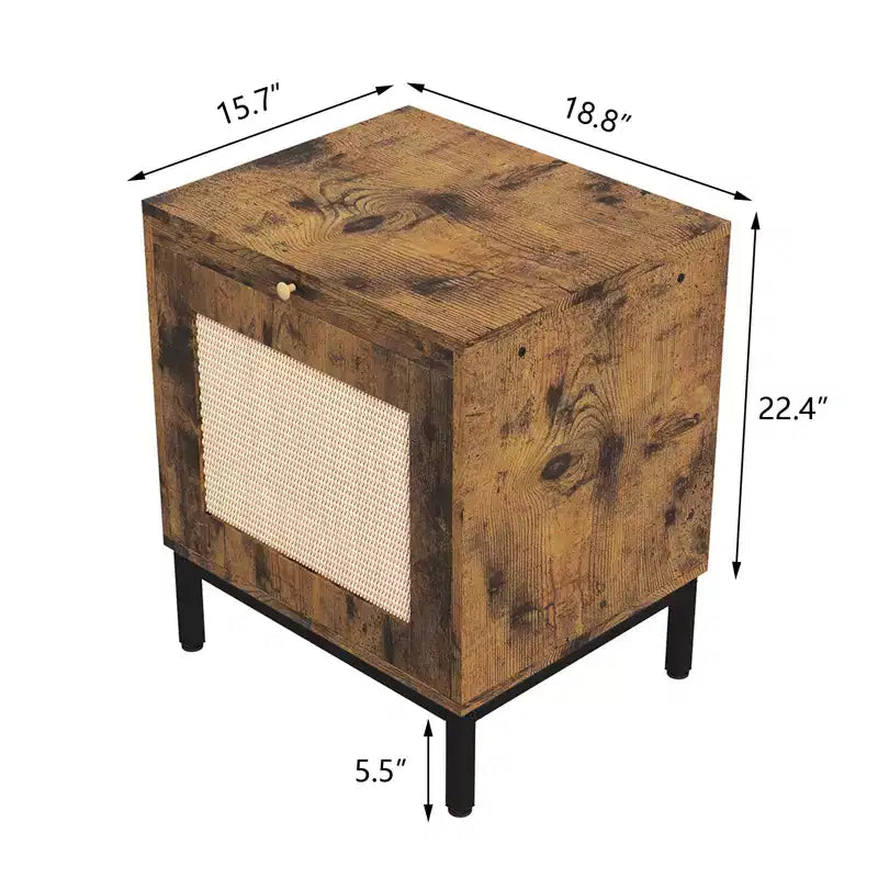 Comodino in Legno con Anta in Rattan, Struttura Robusta, Design Elegante, per Camera da Leto, Soggiorno