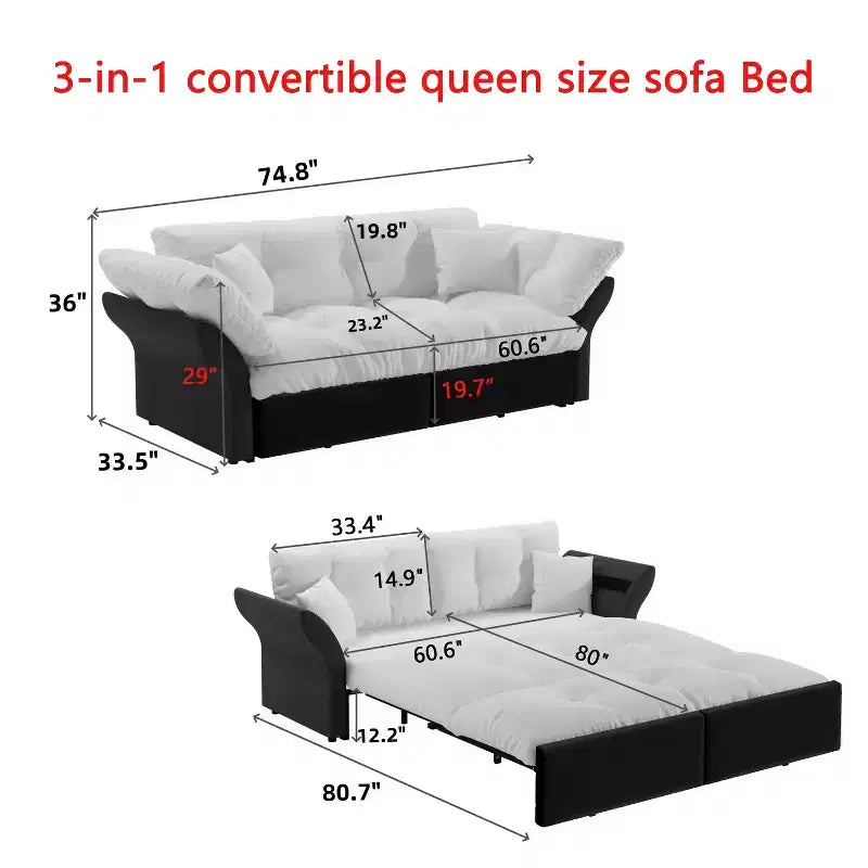 74.8 Divano Letto Matrimoniale Estraibile Queen, Divano Letto Convertibile 3-in-1 Capitonnè con 2 Morbidi Cuscini, Letto Loveseat Multifunzionale in Velluto Blu