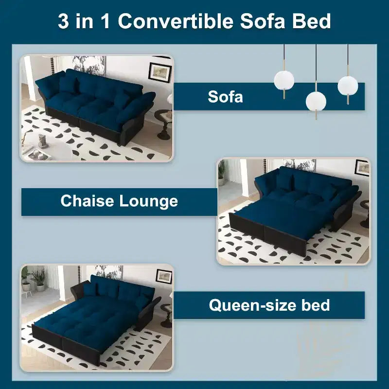 74.8 Divano Letto Matrimoniale Estraibile Queen, Divano Letto Convertibile 3-in-1 Capitonnè con 2 Morbidi Cuscini, Letto Loveseat Multifunzionale in Velluto Blu