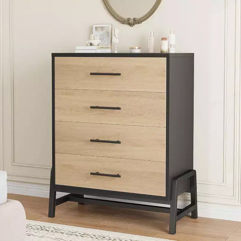 Acekool 4-Drawer Tall Dresser, 38.6 Chest with Storage, Modern Wooden Dresser for Bedroom, Living Room, Entryway, Natural Oak + Black