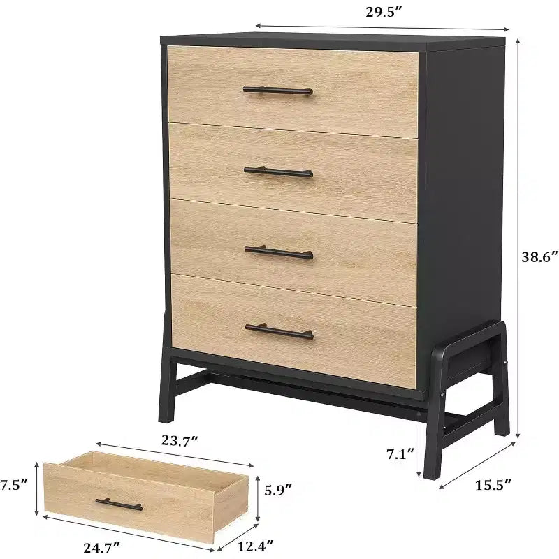 Acekool Comodino alto a 4 cassetti, mobile con contenitore da 38,6", cassettiera moderna in legno per camera da letto, soggiorno, ingresso, rovere naturale + nero