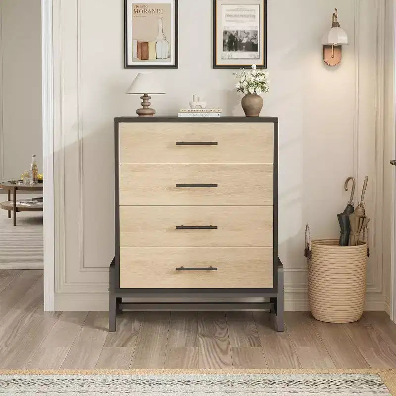 Acekool Comodino alto a 4 cassetti, mobile con contenitore da 38,6", cassettiera moderna in legno per camera da letto, soggiorno, ingresso, rovere naturale + nero