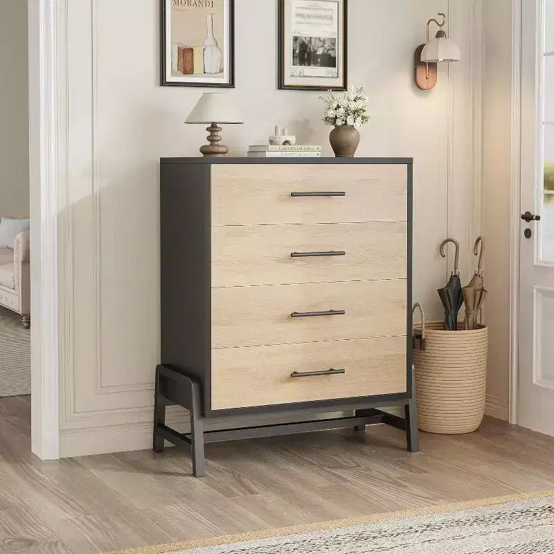 Acekool Comodino alto a 4 cassetti, mobile con contenitore da 38,6", cassettiera moderna in legno per camera da letto, soggiorno, ingresso, rovere naturale + nero
