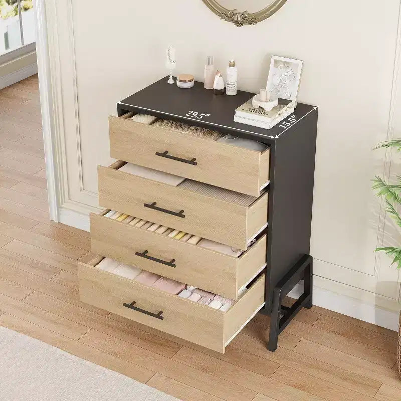 Acekool Comodino alto a 4 cassetti, mobile con contenitore da 38,6", cassettiera moderna in legno per camera da letto, soggiorno, ingresso, rovere naturale + nero
