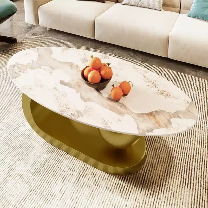 Tavolino da caffè ovale moderno, tavolino irregolare in marmo con base in acciaio dorato per soggiorno