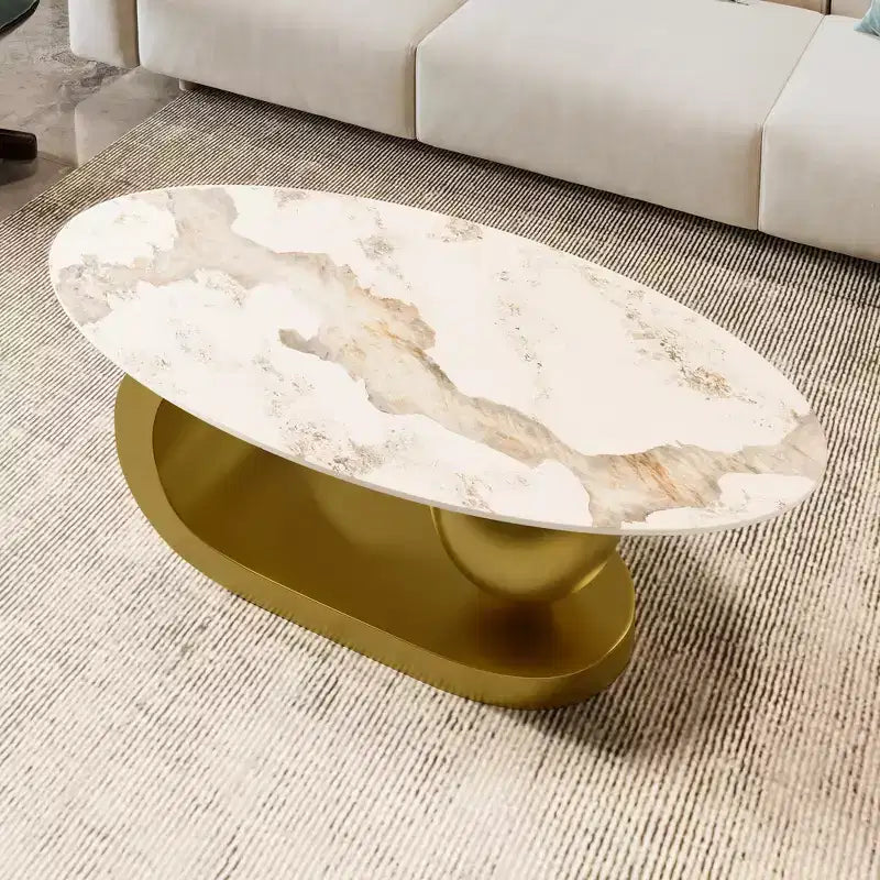 Tavolino da caffè ovale moderno, tavolino irregolare in marmo con base in acciaio dorato per soggiorno