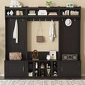 4-IN-1 Wide Hall Tree with Entryway Bench and Shoe Cubbies, Coat Rack with Sotrage Shelves and 10 Hooks, Coat Tree for Hallway, Black