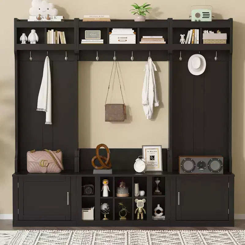 4-IN-1 Wide Hall Tree with Entryway Bench and Shoe Cubbies, Coat Rack with Sotrage Shelves and 10 Hooks, Coat Tree for Hallway, Black