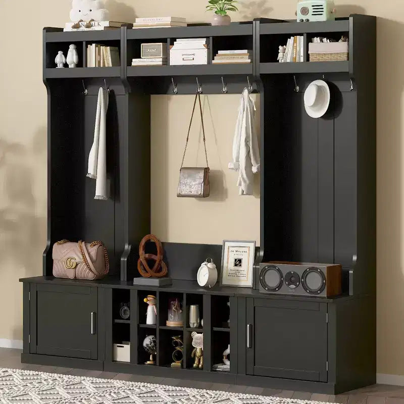 Albero d'ingresso 4-IN-1 con panca e vani portascarpe, appendiabiti con ripiani portaoggetti e 10 ganci, albero appendiabiti per ingresso, nero