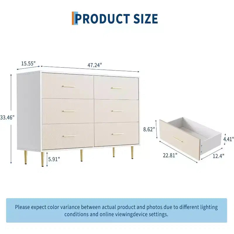 Comò a 6 cassetti, cassettiera moderna bianca con gambe e maniglie in metallo dorato, comò grande in legno doppio per camera da letto, soggiorno, ufficio