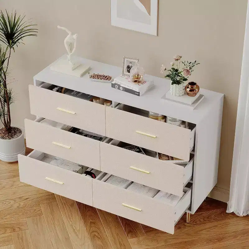 Comò a 6 cassetti, cassettiera moderna bianca con gambe e maniglie in metallo dorato, comò grande in legno doppio per camera da letto, soggiorno, ufficio