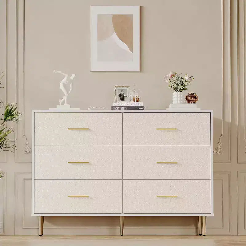 Comò a 6 cassetti, cassettiera moderna bianca con gambe e maniglie in metallo dorato, comò grande in legno doppio per camera da letto, soggiorno, ufficio