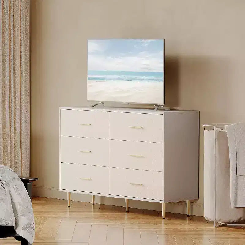 Comò a 6 cassetti, cassettiera moderna bianca con gambe e maniglie in metallo dorato, comò grande in legno doppio per camera da letto, soggiorno, ufficio