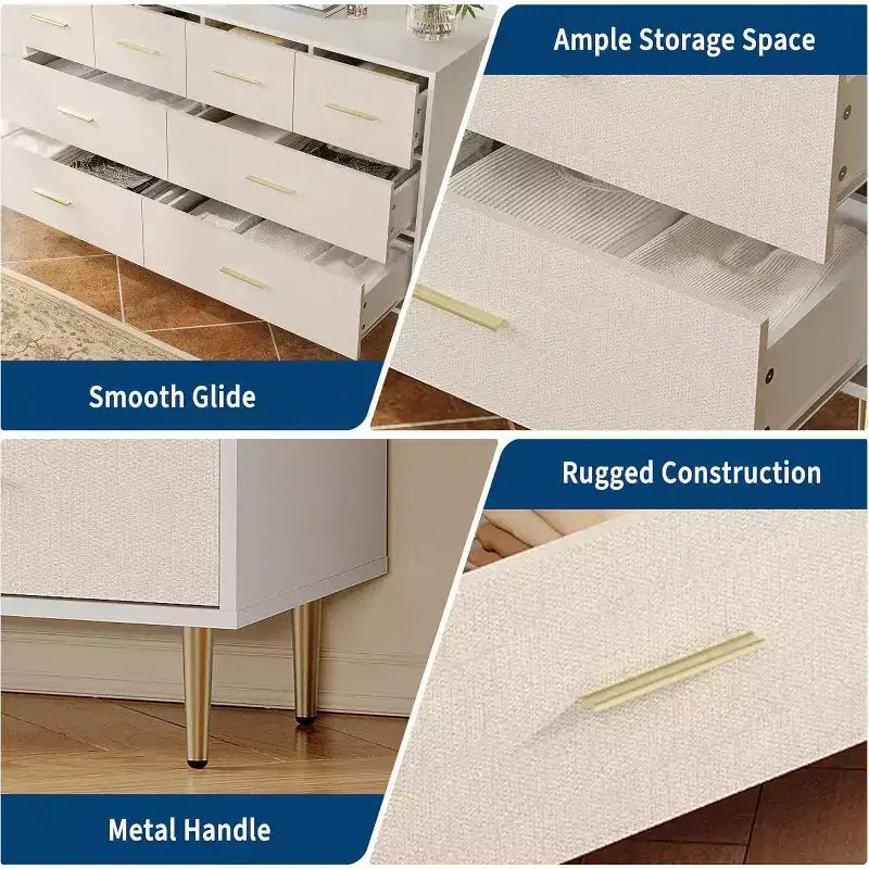 Comò a 6 cassetti, cassettiera moderna bianca con gambe e maniglie in metallo dorato, comò grande in legno doppio per camera da letto, soggiorno, ufficio