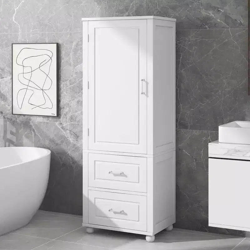 Tall Bathroom Cabinet Freestanding 2 Drawers Adjustable Shelf MDF Painted White