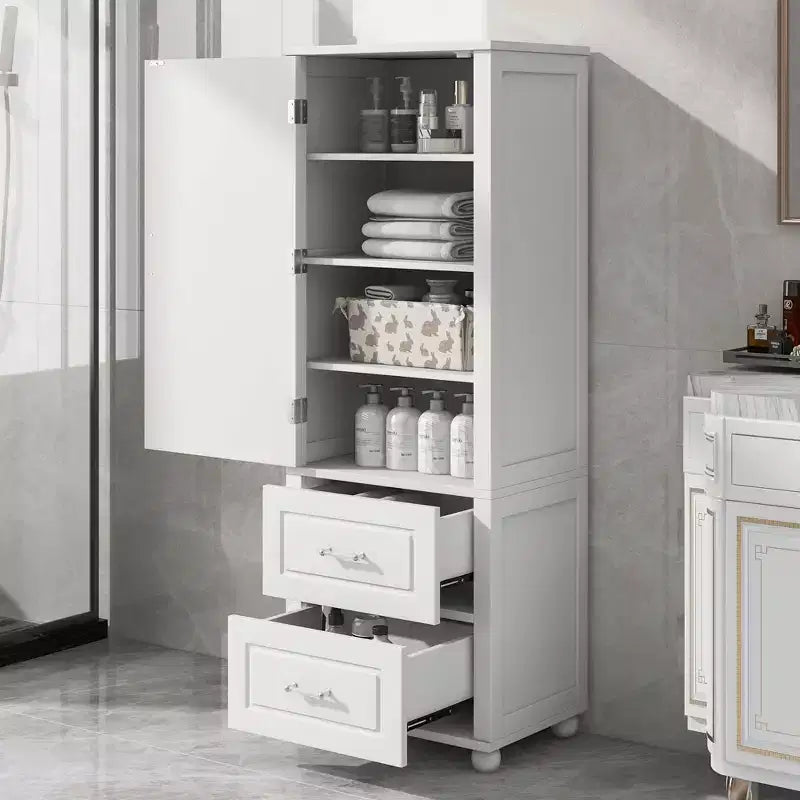 Mobiletto alto da bagno indipendente con 2 cassetti e ripiano regolabile in MDF verniciato bianco