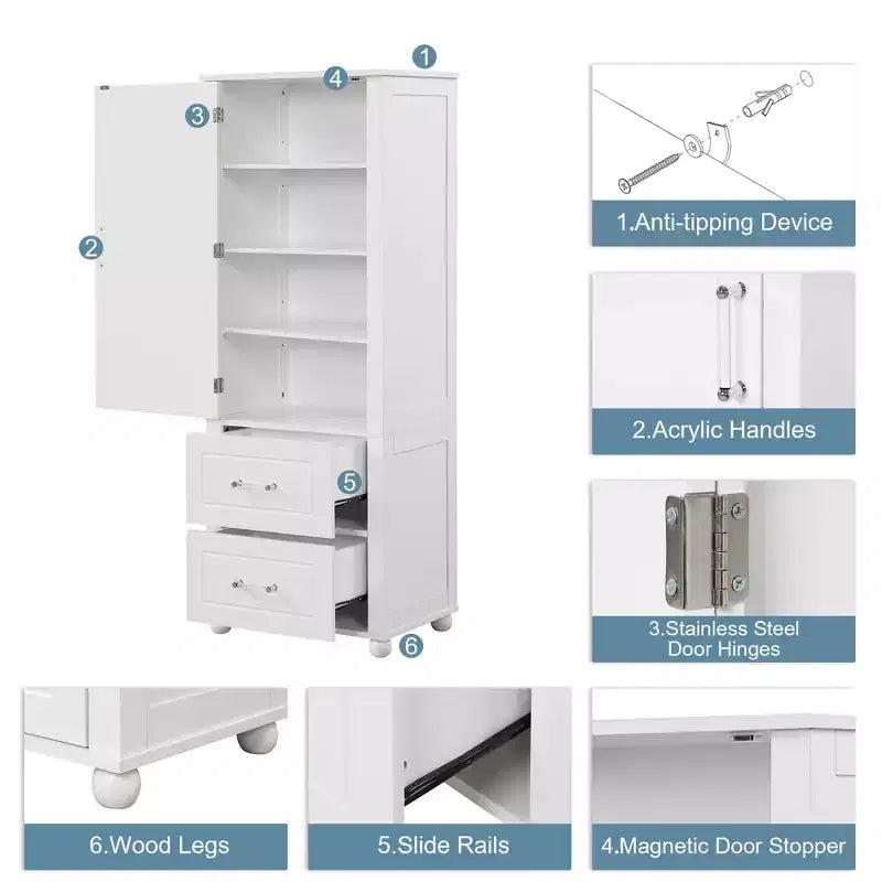 Mobiletto alto da bagno indipendente con 2 cassetti e ripiano regolabile in MDF verniciato bianco