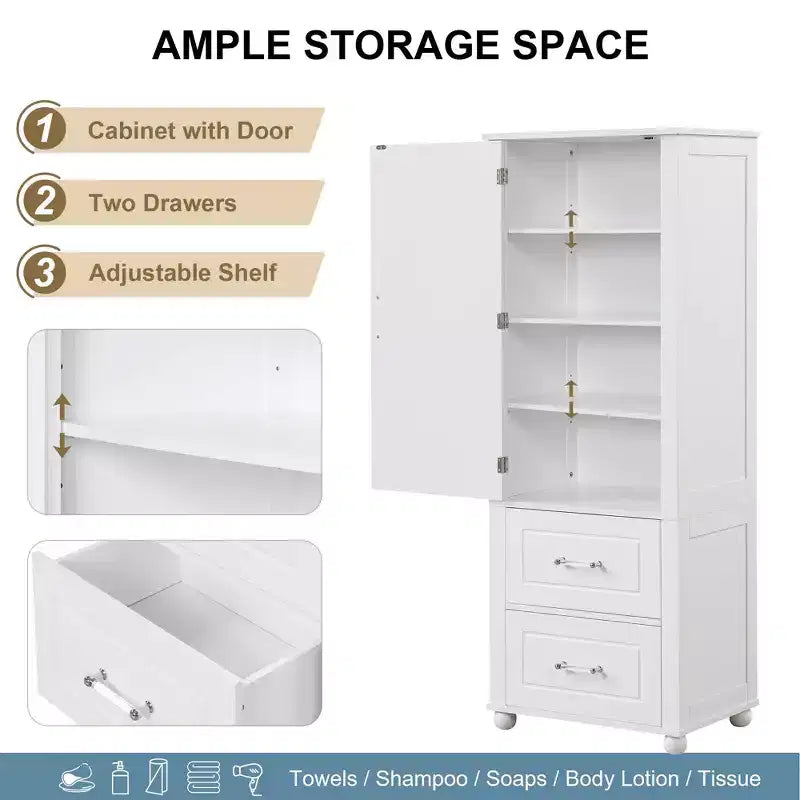 Mobiletto alto da bagno indipendente con 2 cassetti e ripiano regolabile in MDF verniciato bianco