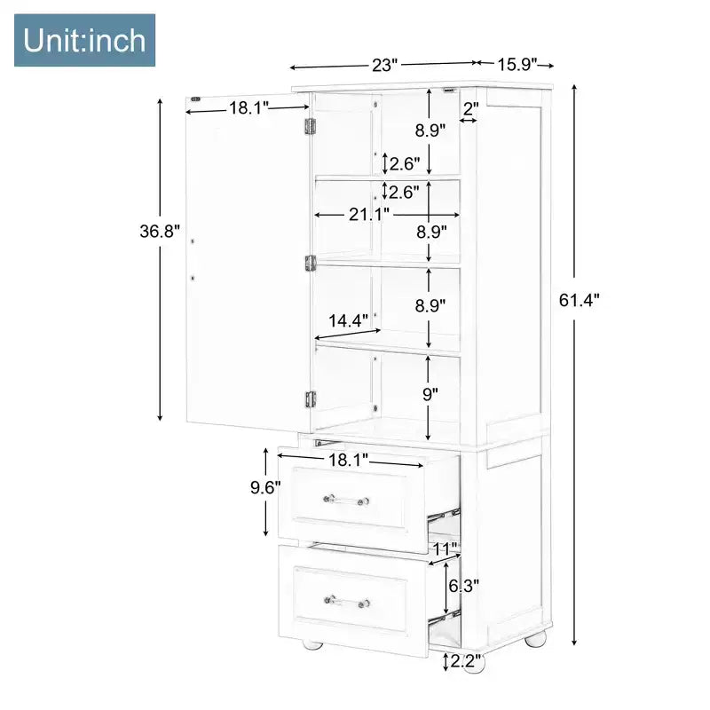 Mobiletto alto da bagno indipendente con 2 cassetti e ripiano regolabile in MDF verniciato bianco