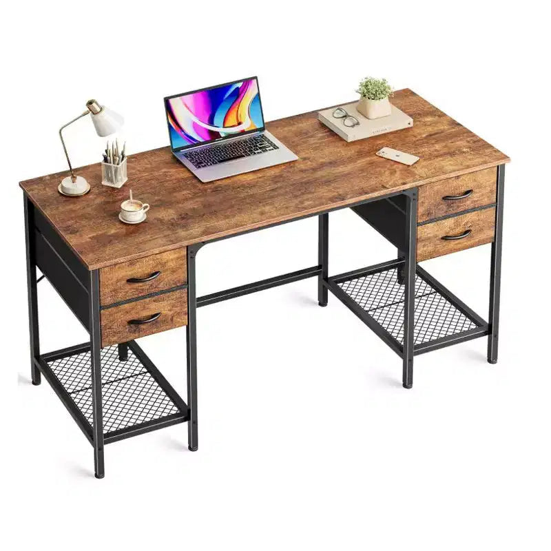 47/55 Computer Desk with 4 Fabric Drawers & Dual Mesh Shelves,Writing Desk for Home Office Work Studying Room,Gaming Room,Brown