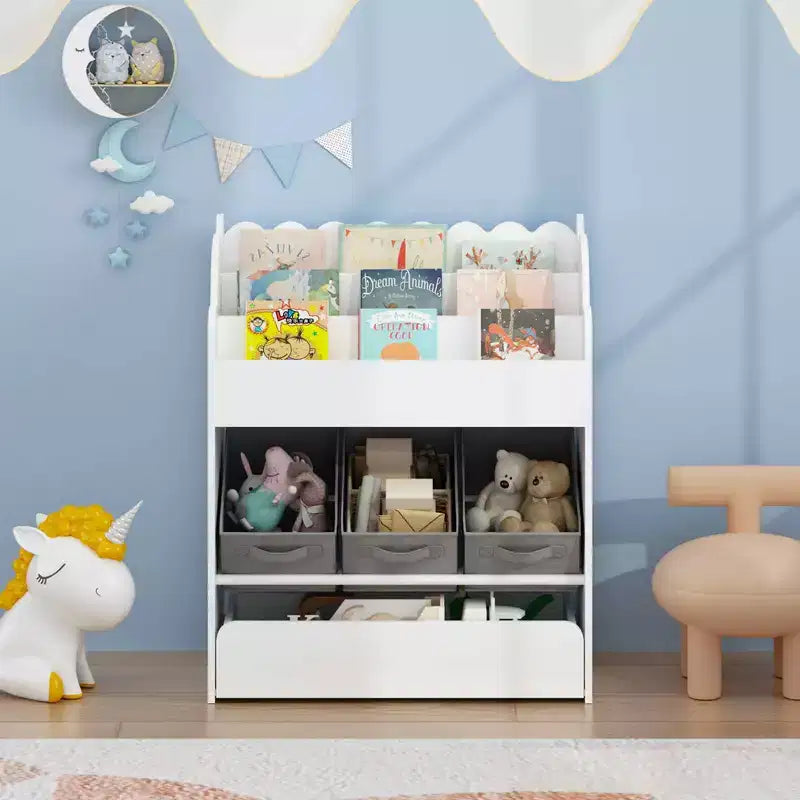 Bookshelf with Storage Bins and Drawer, Multifunctional Wooden Book Organizer for Toddles for Living Room White