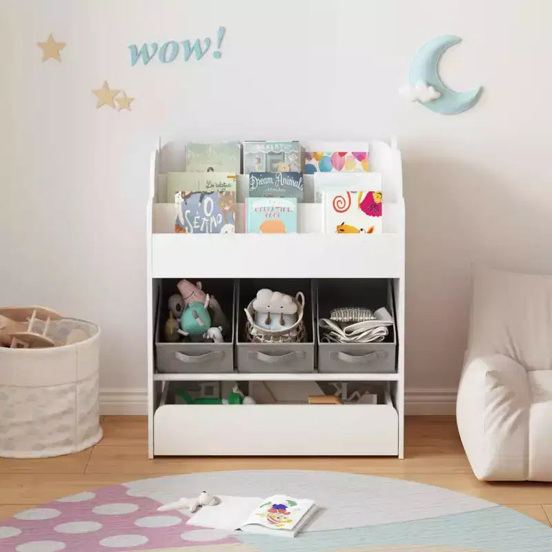 Libreria con contenitori e cassetto, organizer per libri multifunzionale in legno per bambini, per soggiorno, bianca