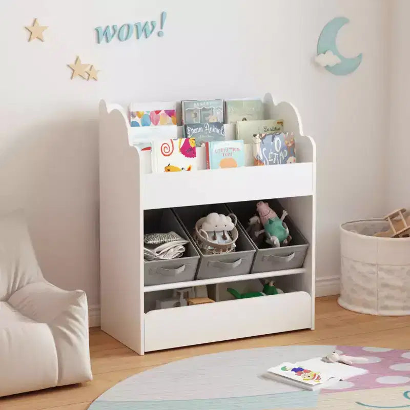 Libreria con contenitori e cassetto, organizer per libri multifunzionale in legno per bambini, per soggiorno, bianca