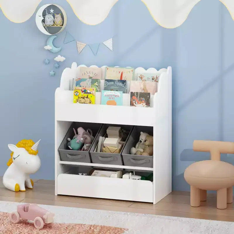 Libreria con contenitori e cassetto, organizer per libri multifunzionale in legno per bambini, per soggiorno, bianca
