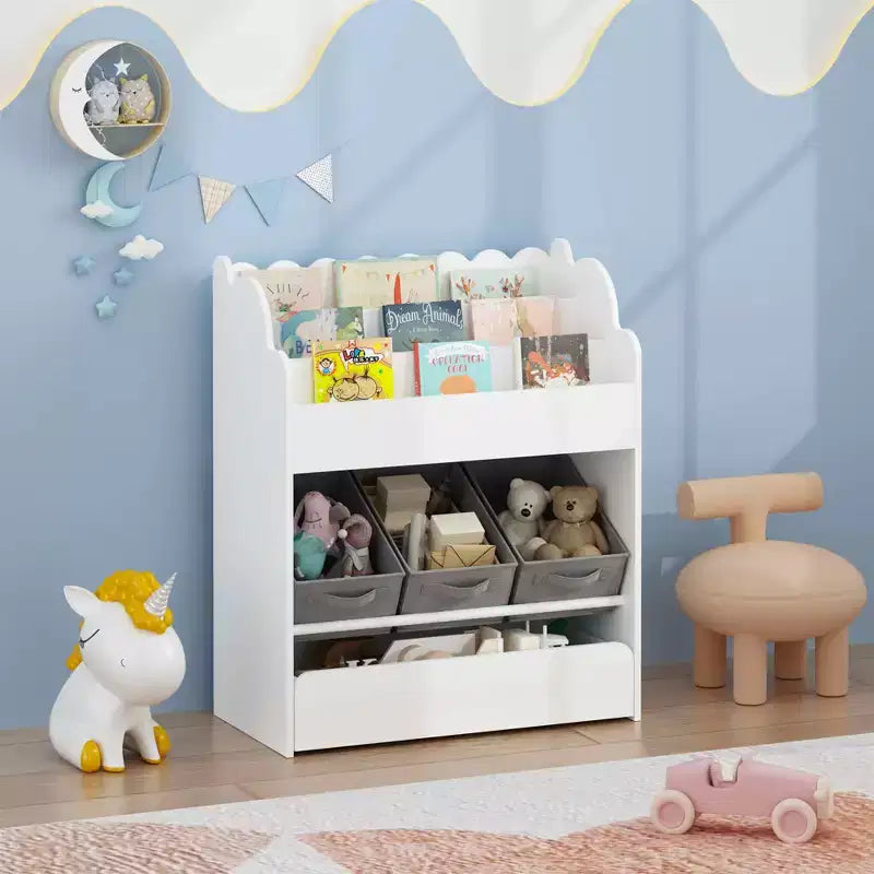 Libreria con contenitori e cassetto, organizer per libri multifunzionale in legno per bambini, per soggiorno, bianca