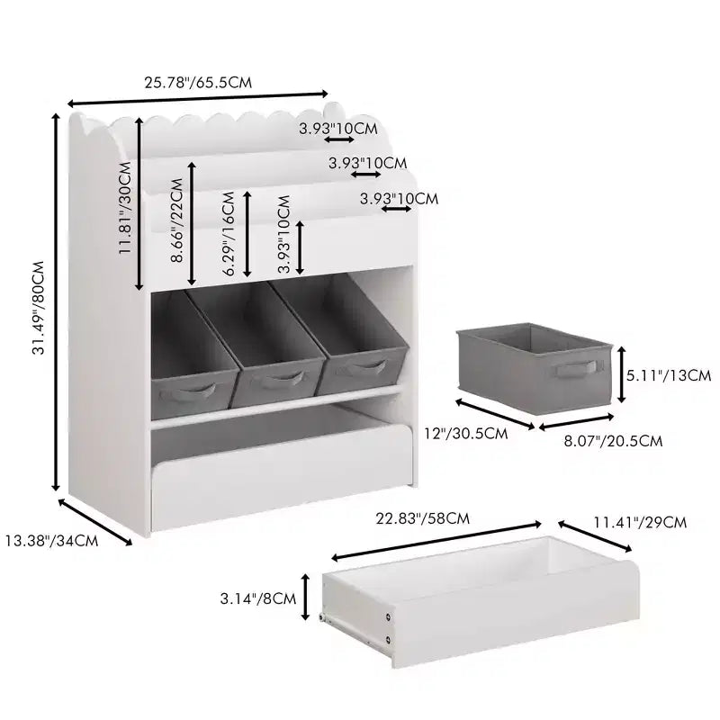 Libreria con contenitori e cassetto, organizer per libri multifunzionale in legno per bambini, per soggiorno, bianca