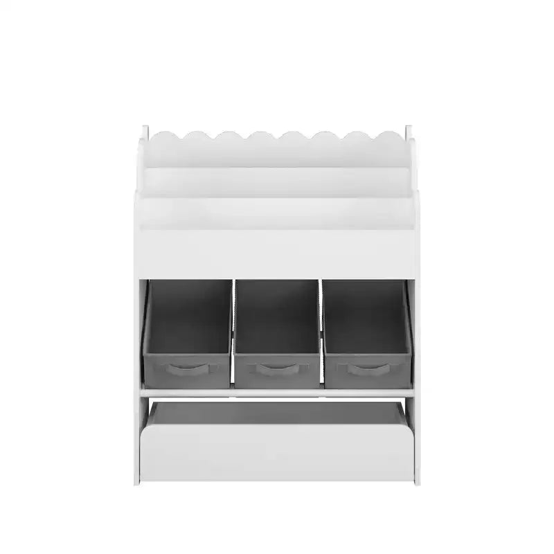 Libreria con contenitori e cassetto, organizer per libri multifunzionale in legno per bambini, per soggiorno, bianca
