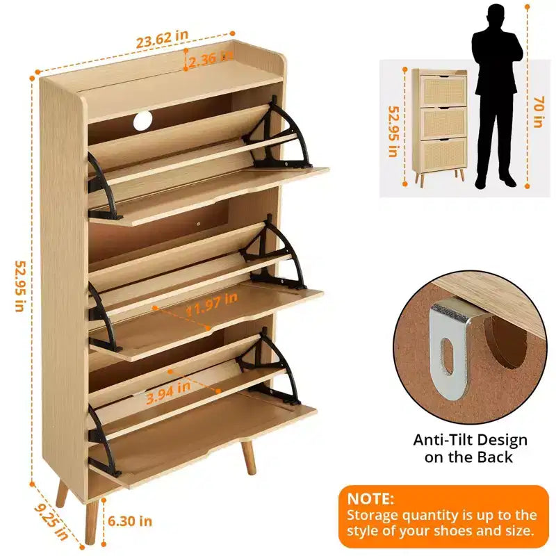 Mobile portascarpe stretto a 3 cassetti con frontale in rattan intrecciato, panca contenitore salvaspazio a 6 ripiani da 52,9 cm per ingresso, corridoio e portico