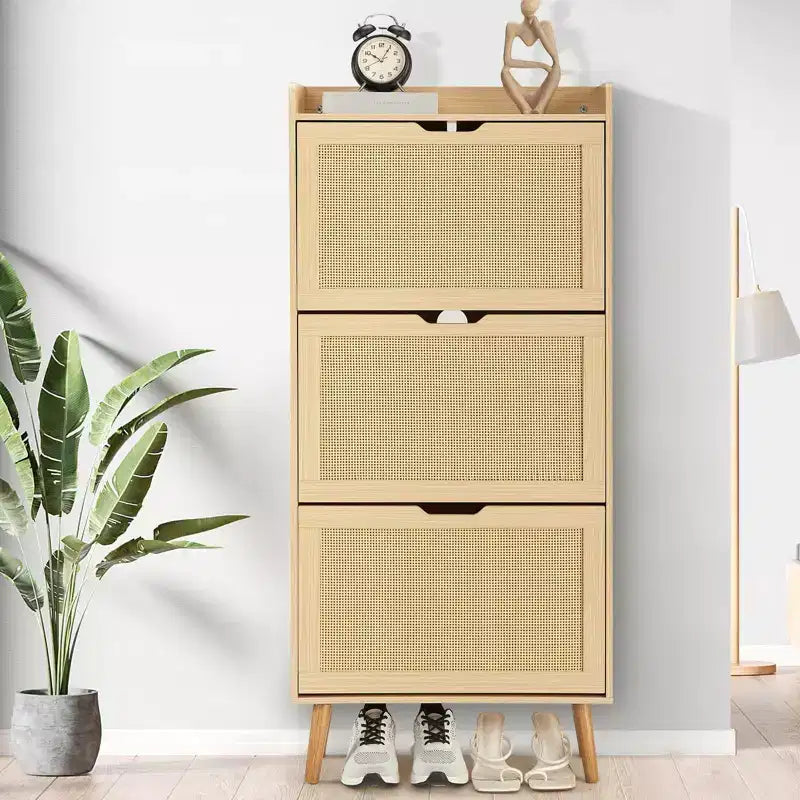 Mobile portascarpe stretto a 3 cassetti con frontale in rattan intrecciato, panca contenitore salvaspazio a 6 ripiani da 52,9 cm per ingresso, corridoio e portico