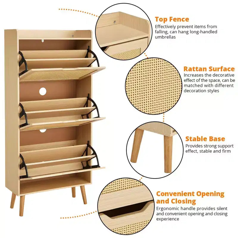 Mobile portascarpe stretto a 3 cassetti con frontale in rattan intrecciato, panca contenitore salvaspazio a 6 ripiani da 52,9 cm per ingresso, corridoio e portico