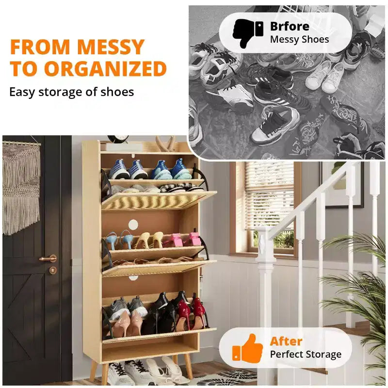 Mobile portascarpe stretto a 3 cassetti con frontale in rattan intrecciato, panca contenitore salvaspazio a 6 ripiani da 52,9 cm per ingresso, corridoio e portico