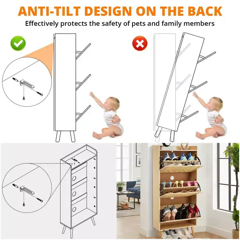 Mobile portascarpe stretto a 3 cassetti con frontale in rattan intrecciato, panca contenitore salvaspazio a 6 ripiani da 52,9 cm per ingresso, corridoio e portico