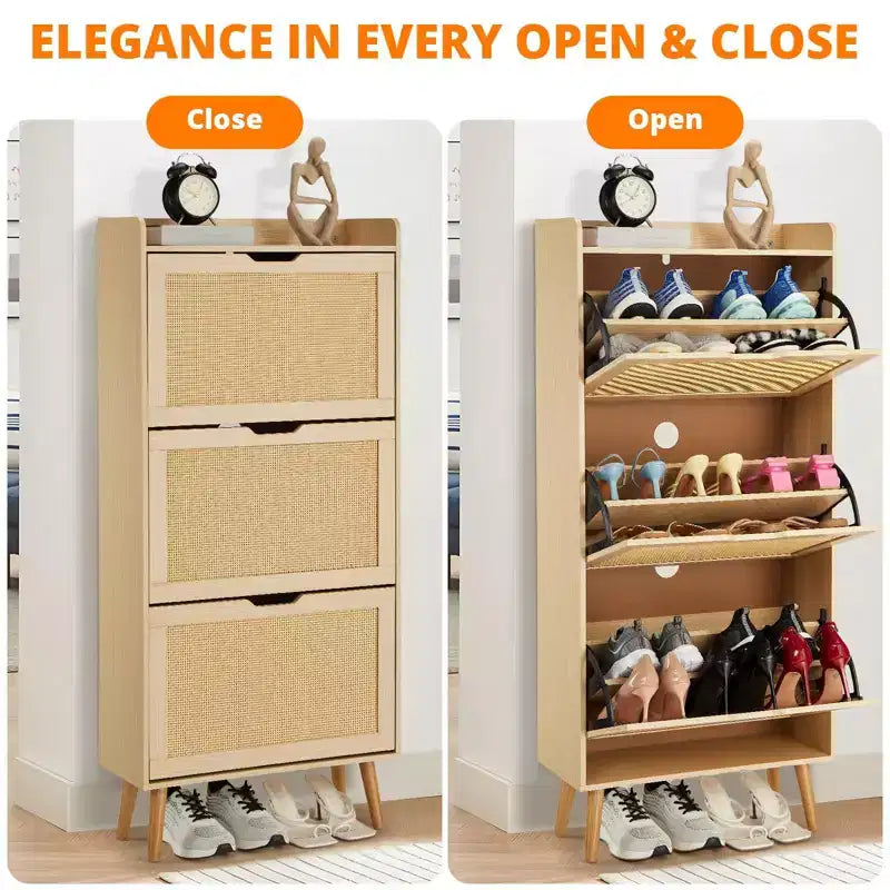 Mobile portascarpe stretto a 3 cassetti con frontale in rattan intrecciato, panca contenitore salvaspazio a 6 ripiani da 52,9 cm per ingresso, corridoio e portico