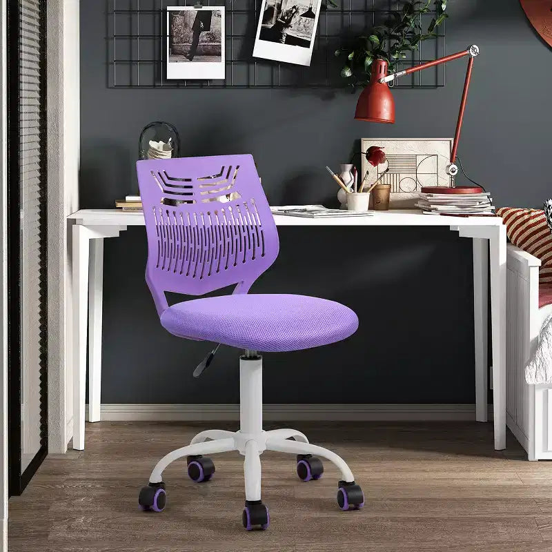 Sedia da scrivania senza braccioli, carina, piccola, per computer, studio, attività, regolabile, girevole, schienale basso con ruote per adolescenti e studenti, VIOLA