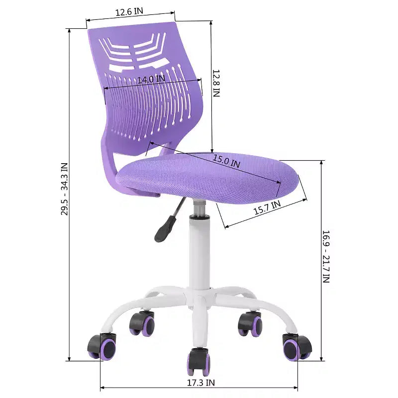 Sedia da scrivania senza braccioli, carina, piccola, per computer, studio, attività, regolabile, girevole, schienale basso con ruote per adolescenti e studenti, VIOLA