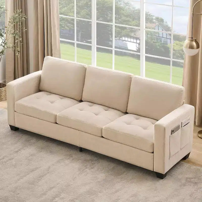 89 Divano 3 Posti in ciniglia beige con bracciolo largo, poggiatesta removibile e tasche laterali, per Soggiorno e Camera da Letto