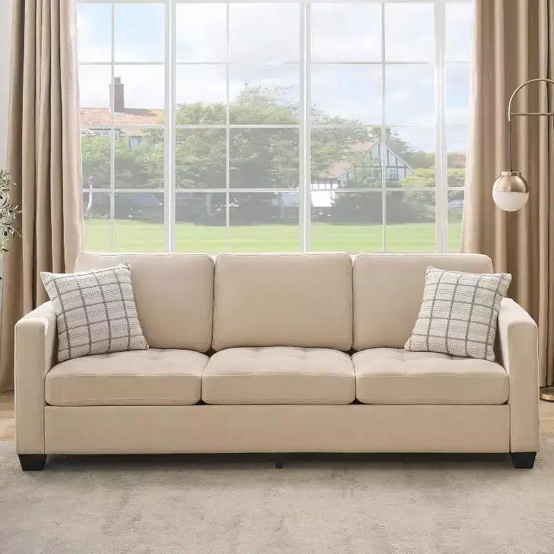 89 Divano 3 Posti in ciniglia beige con bracciolo largo, poggiatesta removibile e tasche laterali, per Soggiorno e Camera da Letto