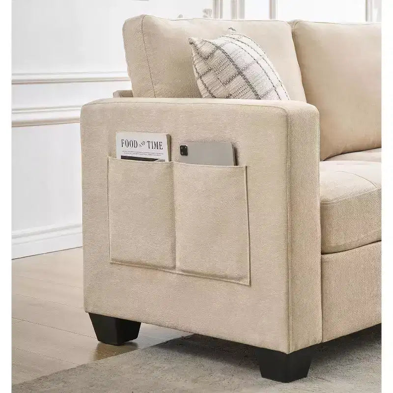 89 Divano 3 Posti in ciniglia beige con bracciolo largo, poggiatesta removibile e tasche laterali, per Soggiorno e Camera da Letto