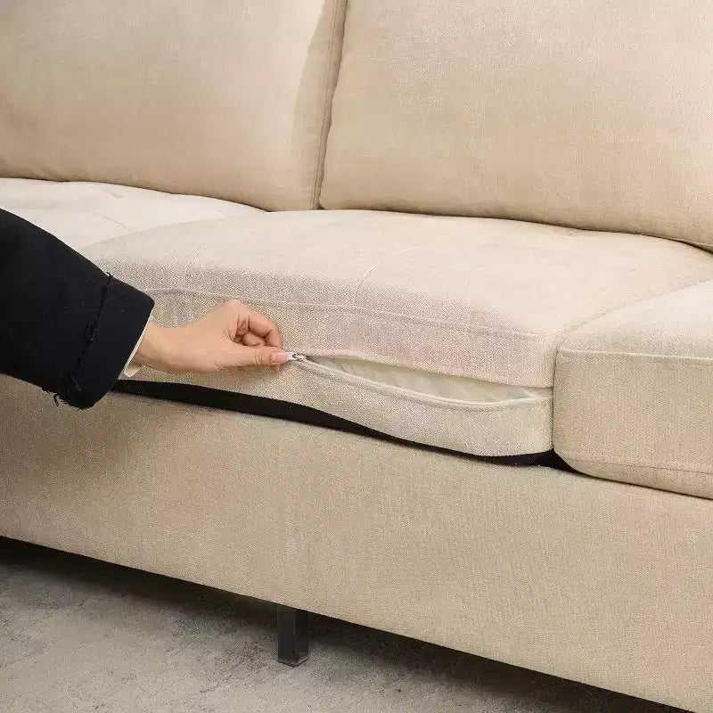 89 Divano 3 Posti in ciniglia beige con bracciolo largo, poggiatesta removibile e tasche laterali, per Soggiorno e Camera da Letto