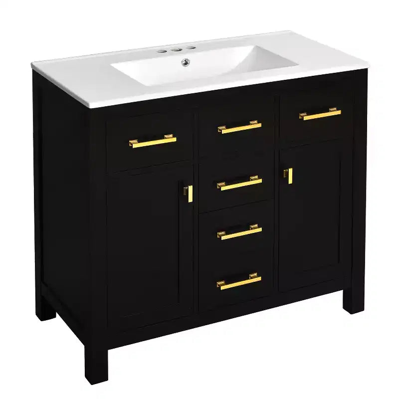 Mobile lavabo da bagno combinato da 90 cm, mobiletto da bagno con cassetti, mobile lavabo singolo con struttura in legno massello