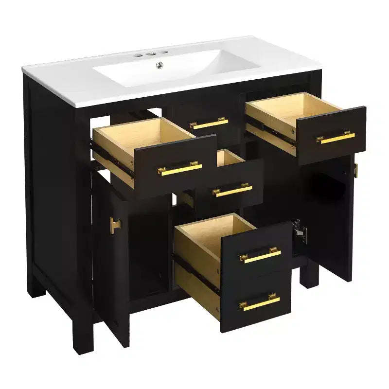Mobile lavabo da bagno combinato da 90 cm, mobiletto da bagno con cassetti, mobile lavabo singolo con struttura in legno massello