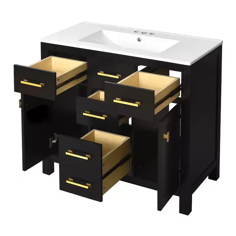Mobile lavabo da bagno combinato da 90 cm, mobiletto da bagno con cassetti, mobile lavabo singolo con struttura in legno massello